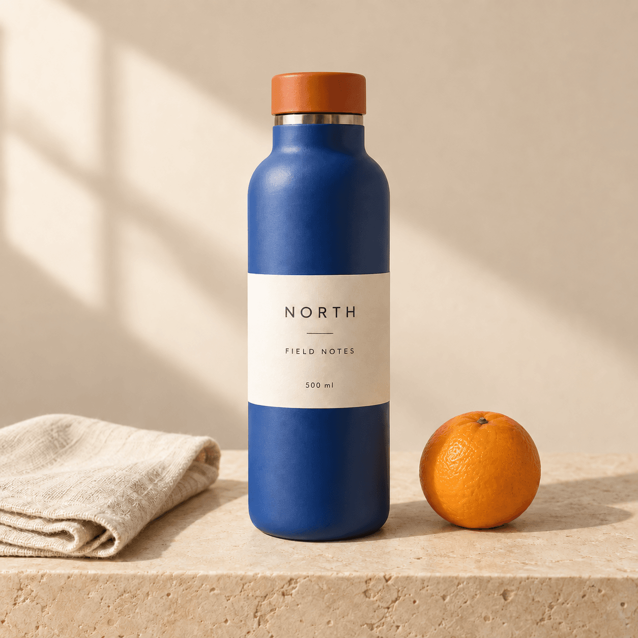 Edited blue bottle with terracotta-orange cap; label, fruit, linen and overall composition retained with small texture changes.
