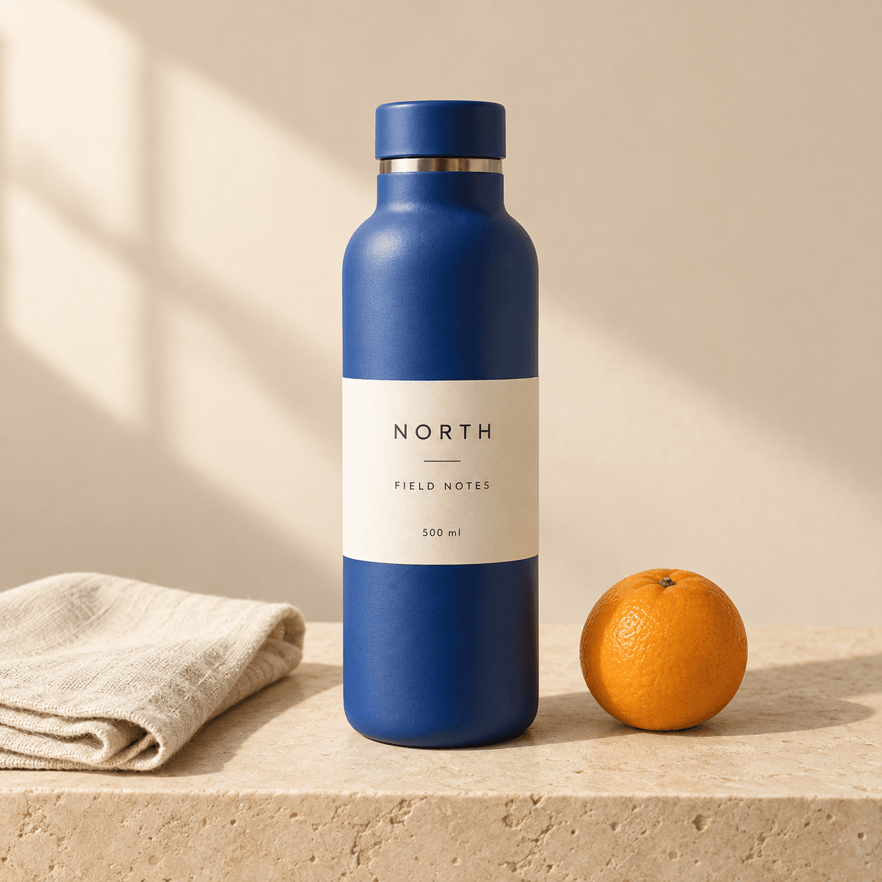 Generated blue bottle with blue cap, NORTH FIELD NOTES 500 ml label, orange fruit and folded linen.