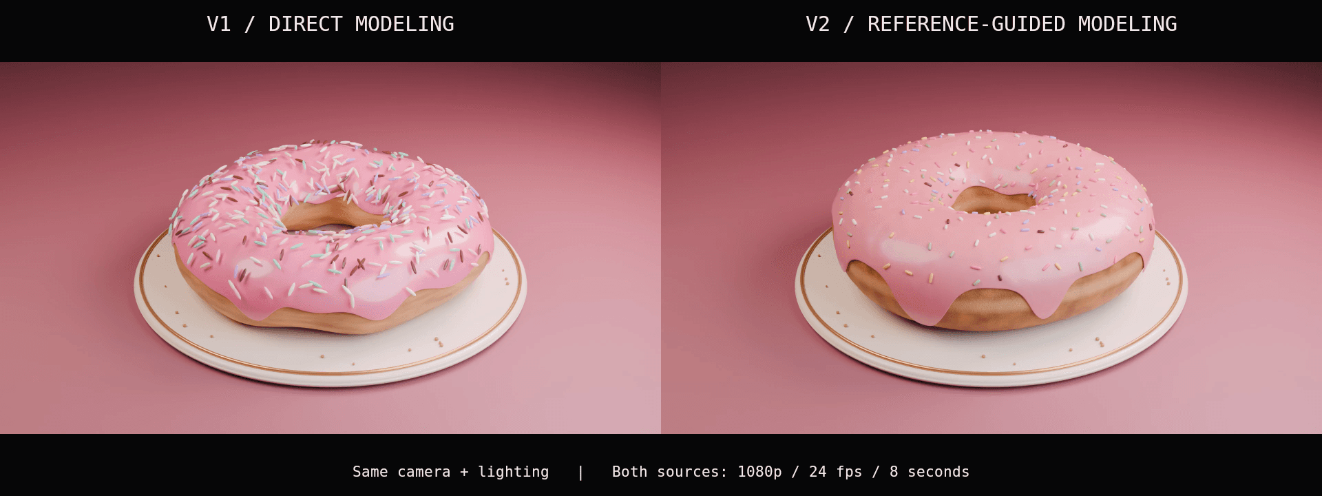 Side-by-side donut renders from the GetLLMs Codex and Blender test: direct modeling on the left and a reference-guided revision on the right.