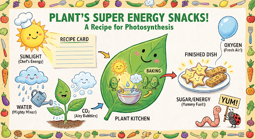 Google-published English illustrated photosynthesis recipe showing sunlight, water, carbon dioxide, a leaf kitchen, sugar and oxygen.