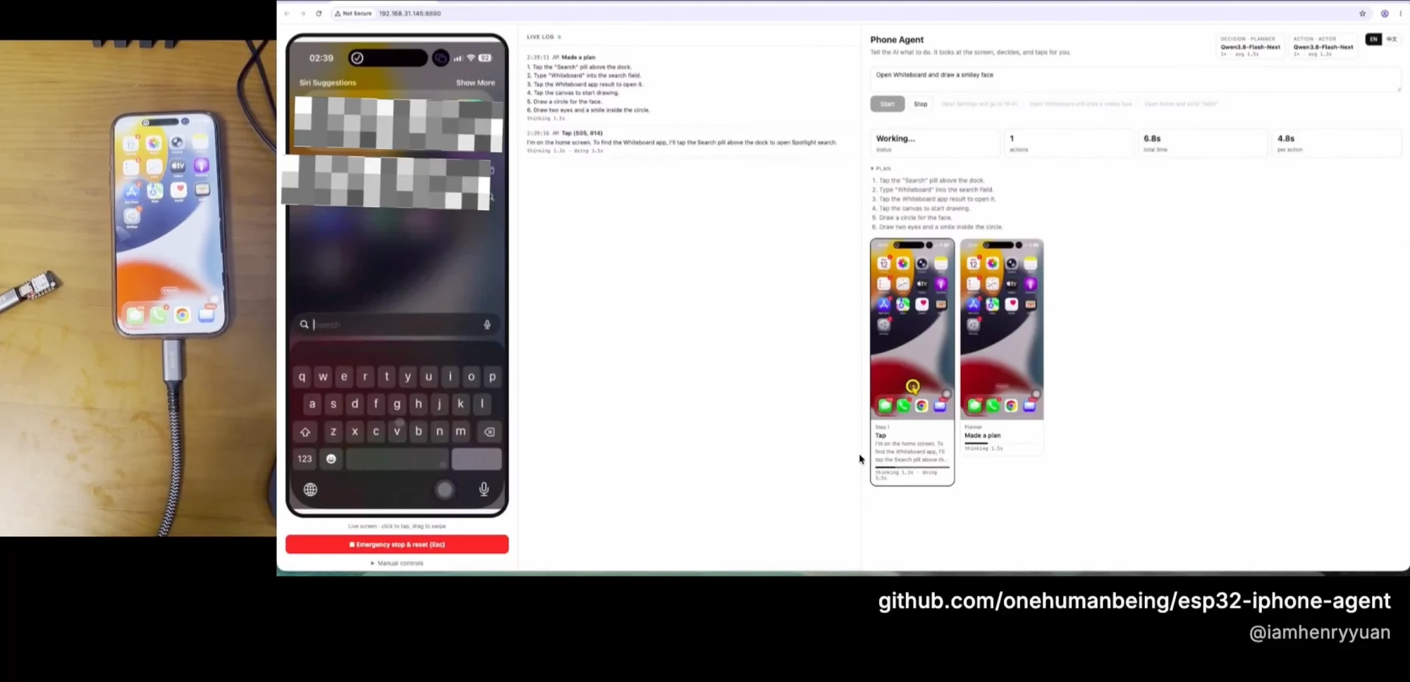 Author demonstration showing a physical iPhone on a desk beside its mirrored screen, browser controller, task plan and emergency-stop button.